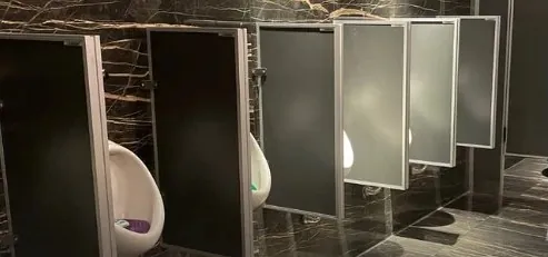 Divisores de mingitorio de placa oscura en un baño