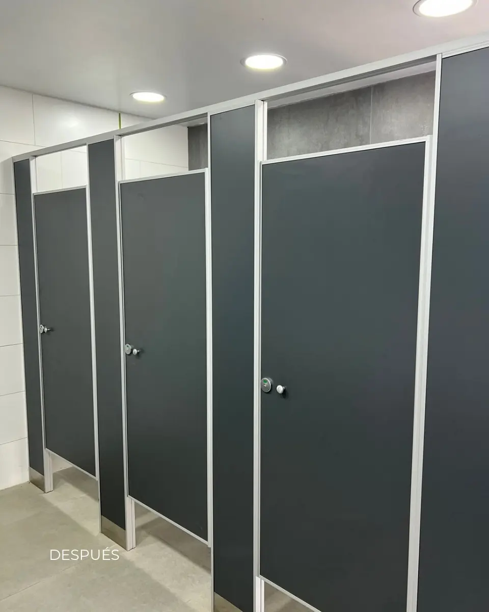 Baños de la estación YPF Brandsen con tabiques sanitarios oscuros (foto 1 de 6)