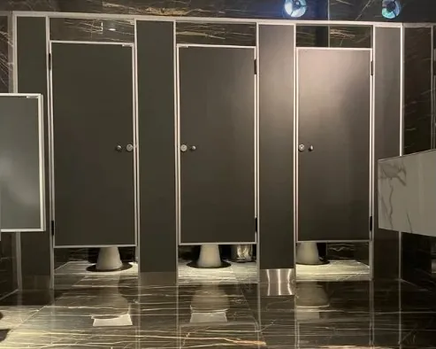 Baño con tabiques sanitarios de placa oscura sobre piso de mármol